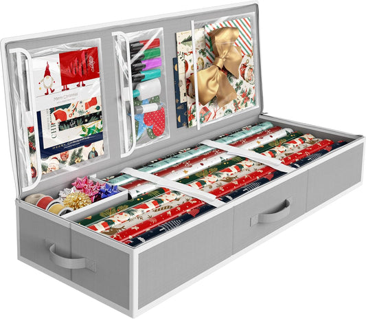 Simple Houseware Wrapping Paper Storage Organizer - Holds 40 Rolls with Adjustable Straps & Clear Pockets, 41.5''L x 16''W, Gray
