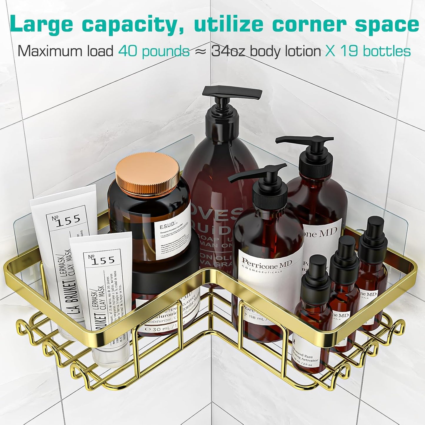 YASONIC Corner Shower Caddy - 3-Pack Adhesive Bathroom Organizer with Soap Holder & Hooks | Rustproof Stainless Steel, Gold