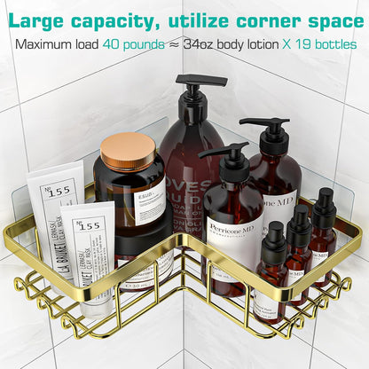 YASONIC Corner Shower Caddy - 3-Pack Adhesive Bathroom Organizer with Soap Holder & Hooks | Rustproof Stainless Steel, Gold