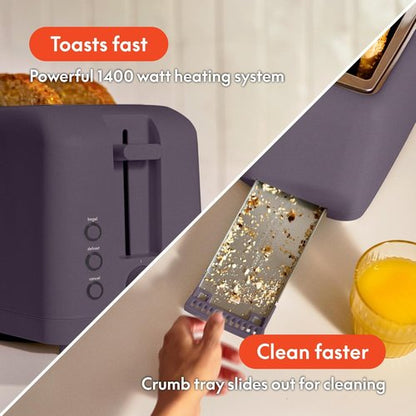 Bella 4 Slice Slim Toaster - 6 Setting Shade Control with Reheat & Cancel | 10” Long Slot, Plum Color