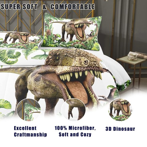 Bodhi Boys Dinosaur Bedding Set Queen - Matching Pillowcase, Green Kids & Teens Comforter Set