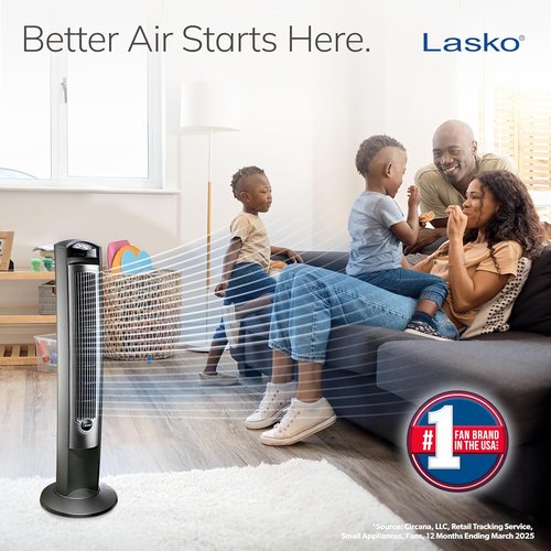Lasko Oscillating Tower Fan - Quiet 42" Floor Fan with Remote Control for Bedroom - Silver T42951