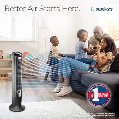 Lasko Oscillating Tower Fan - Quiet 42" Floor Fan with Remote Control for Bedroom - Silver T42951