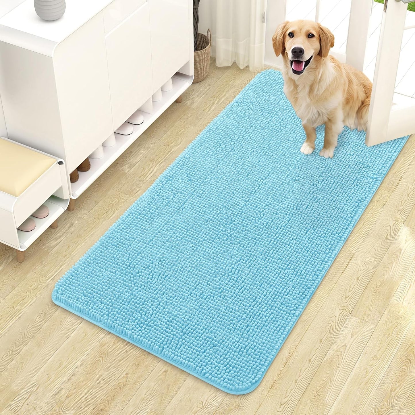 OLANLY Dog Door Mat - Absorbent Non-Slip Mud Mat for Indoor Use | 44x24 Inches, Quick Dry Chenille, Blue