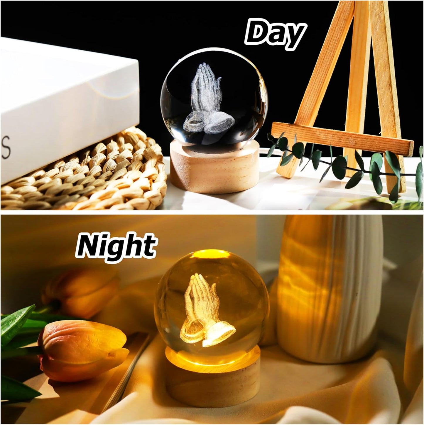 3D Hands Prayer Crystal Ball by [Brand Name] - Religious Christian Glass Figurine Night Light | 2.36-Inch Wooden Base Home Decor Gift