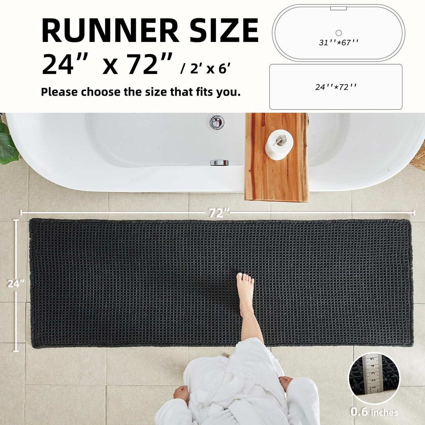 TYUU Black Long Bathroom Rug, Waffle Runner Rug Bathroom Non Slip Washable Super Absorbent Quick Dry Boho Farmhouse Bath Decor, 72"x24" Black