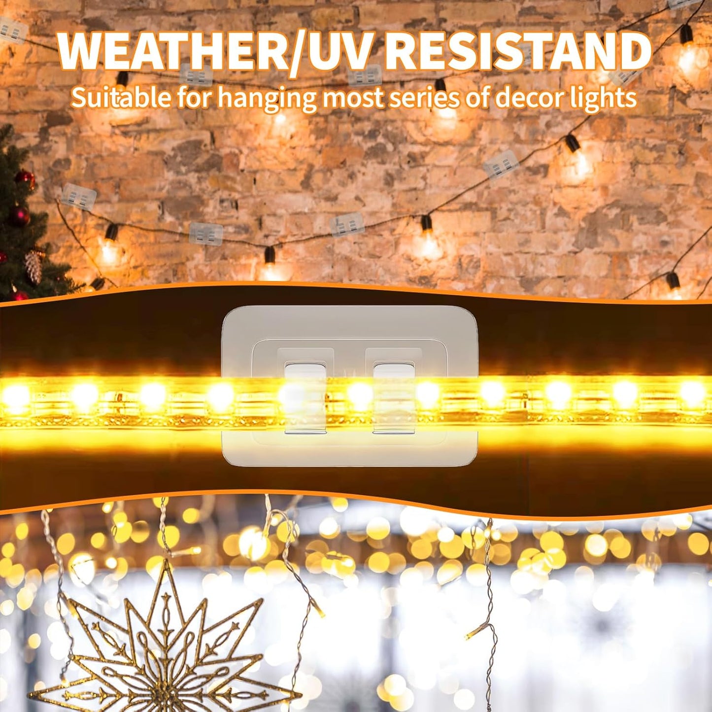 Skiennix Outdoor String Light Hooks - 100Pcs Heavy Duty Clips with Waterproof Adhesive Strips | UV-Resistant Clear Holders