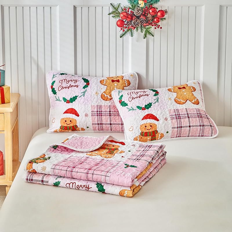 Queen Christmas Quilt Set Pink Plaid Patchwork with Gingerbread Man & Trees - Reversible Gingham Design, 100% Microfiber