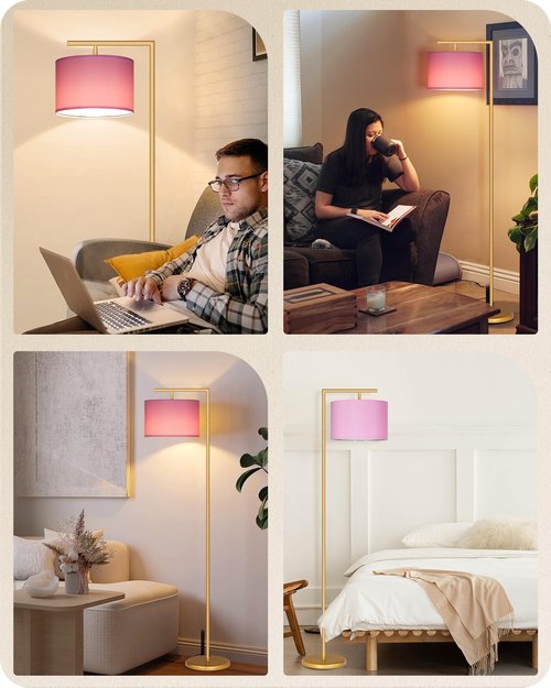 GOEBLESON Modern Gold Arc Floor Lamp, Corner Tall Lamp with Remote, Arched Reading Light with Fabric Shade, Floor Lighting for Living Room, Bedroom, Office, Study, Pink, LED Bulb Included, DP11LD05