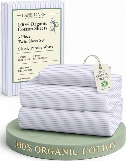 LANE LINEN 100% Organic Cotton Twin Sheets - Soft & Comfy Classic Ticking Stripe Print | Fade Resistant & Naturally Cooling
