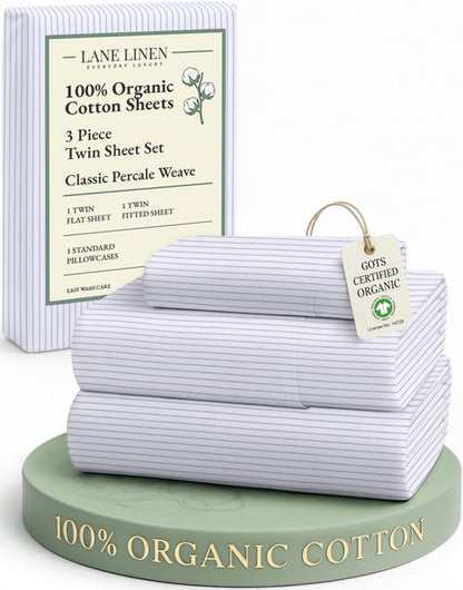LANE LINEN 100% Organic Printed Cotton Sheets Twin Size, Classic Ticking Stripe Print (Available in Variety of Prints) Soft & Comfy Low Pill Fade Resistant Naturally Cooling Machine wash Twin Sheets