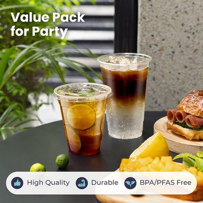 Fit Meal Prep 9 oz Plastic Iced Coffee Cups - 100 Pack with Flat Lids & Straws | BPA-Free for Smoothies & Cold Drinks