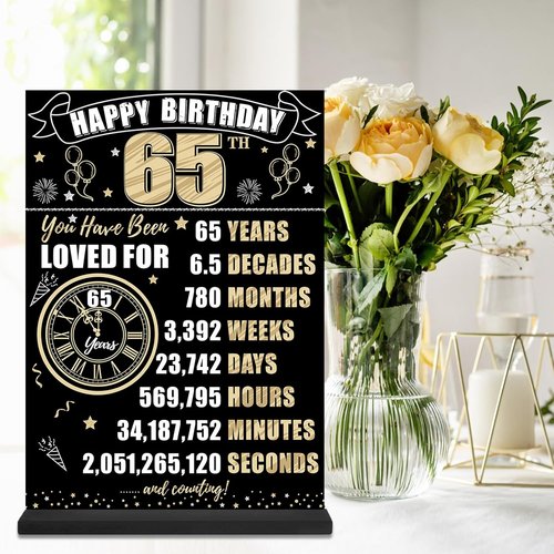 Back in 1961 65th Birthday Decorations - Two-Sided Wooden Table Sign with Stand | Black & Gold Design