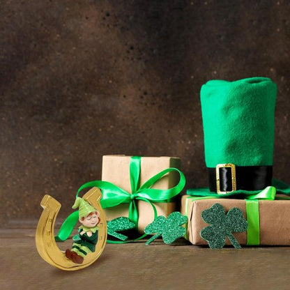Gift Boutique St. Patrick’s Day Leprechaun Figurine - Lucky Charm Ornament on Golden Horseshoe for Home & Office Decor