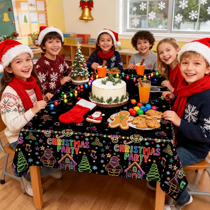 Disposable 54x108 Inch Christmas Tablecloths - 3 Pack Neons on Black Festive Holiday Cover