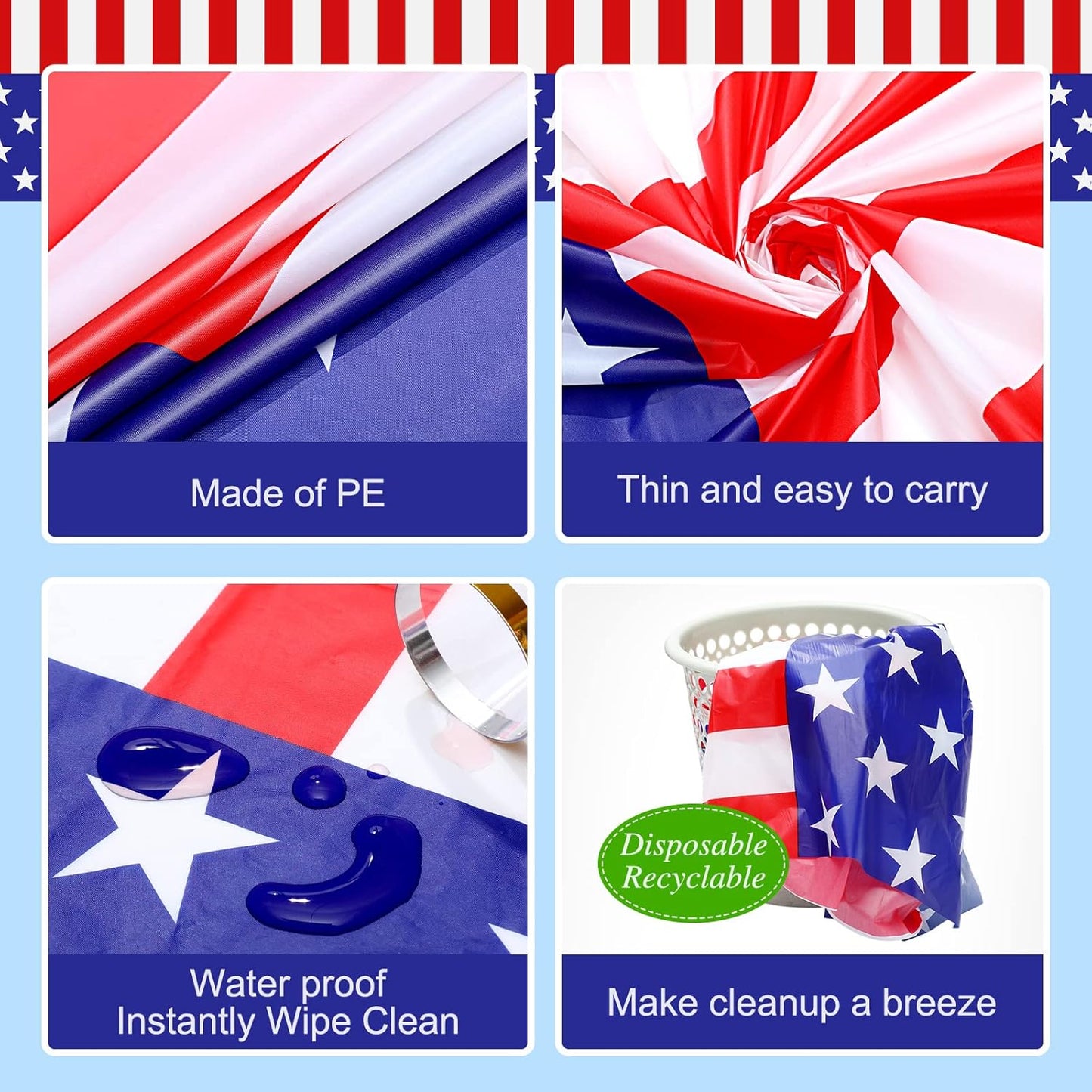 Regine Switzerland 30-Pack 4th of July Tablecloths - 54 x 108 Inch Red, White & Blue Disposable Covers for Patriotic Celebrations