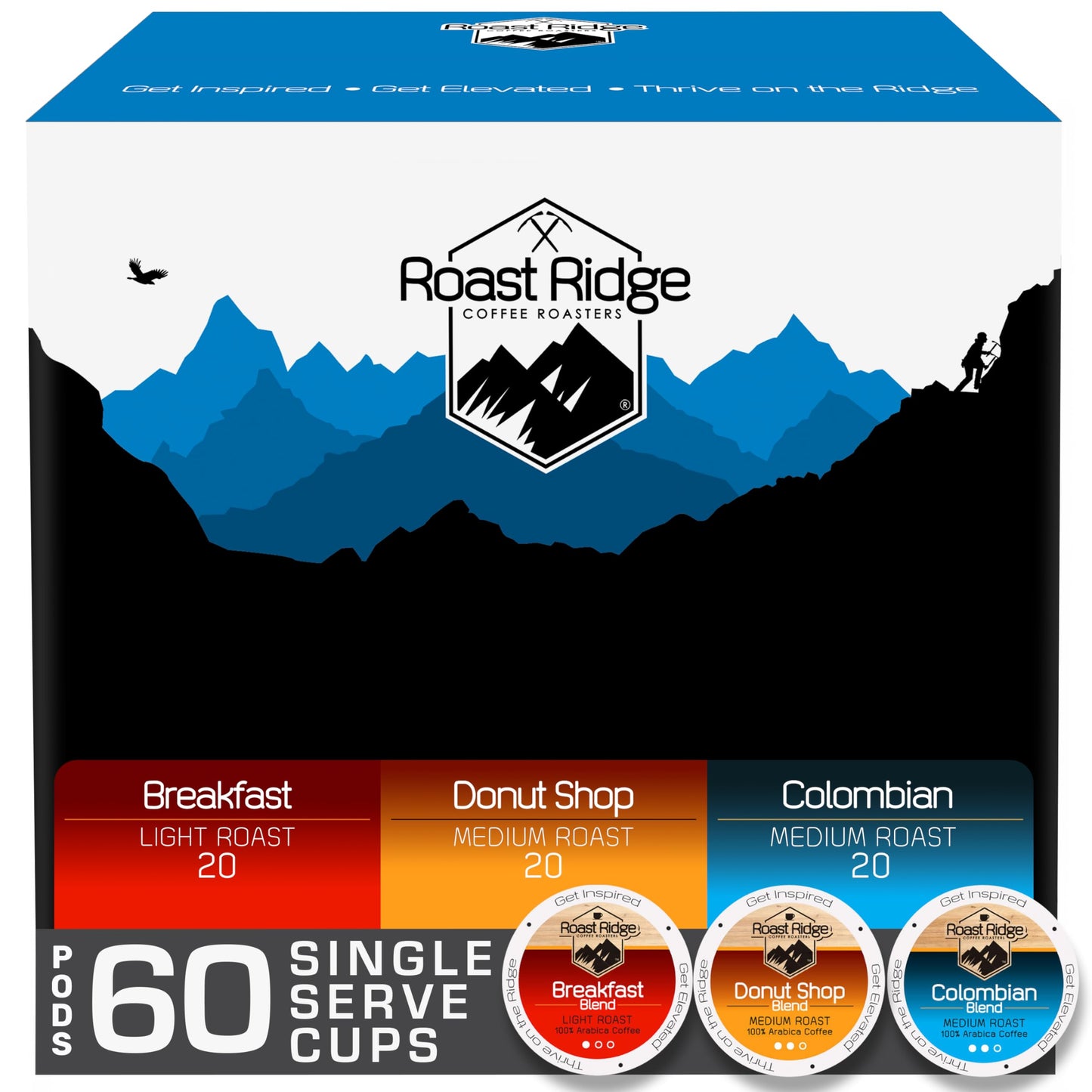 Roast Ridge Single Serve Coffee Pods for Keurig K-Cup Brewers, Variety Pack, Medium/Light Roast, 60 Count (20 each: Breakfast Blend, Donut Shop, Colombian)