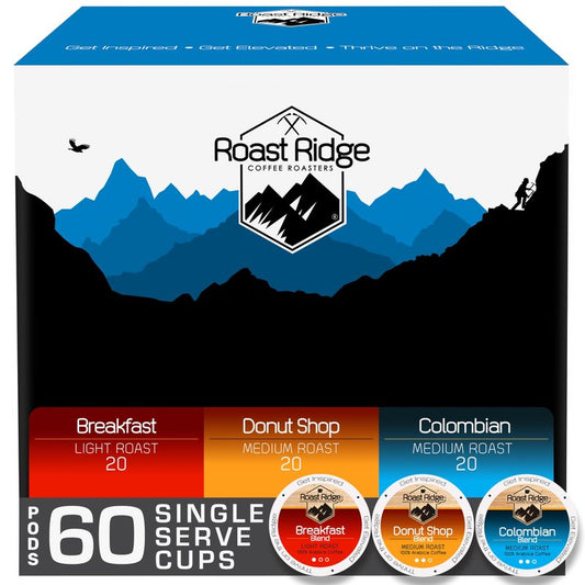 Roast Ridge Single Serve Coffee Pods for Keurig K-Cup Brewers, Variety Pack, Medium/Light Roast, 60 Count (20 each: Breakfast Blend, Donut Shop, Colombian)