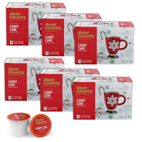 Door County Coffee - Candy Cane Holiday Flavored Ground Coffee - 60 Count Single Serve Cups - Medium Roast
