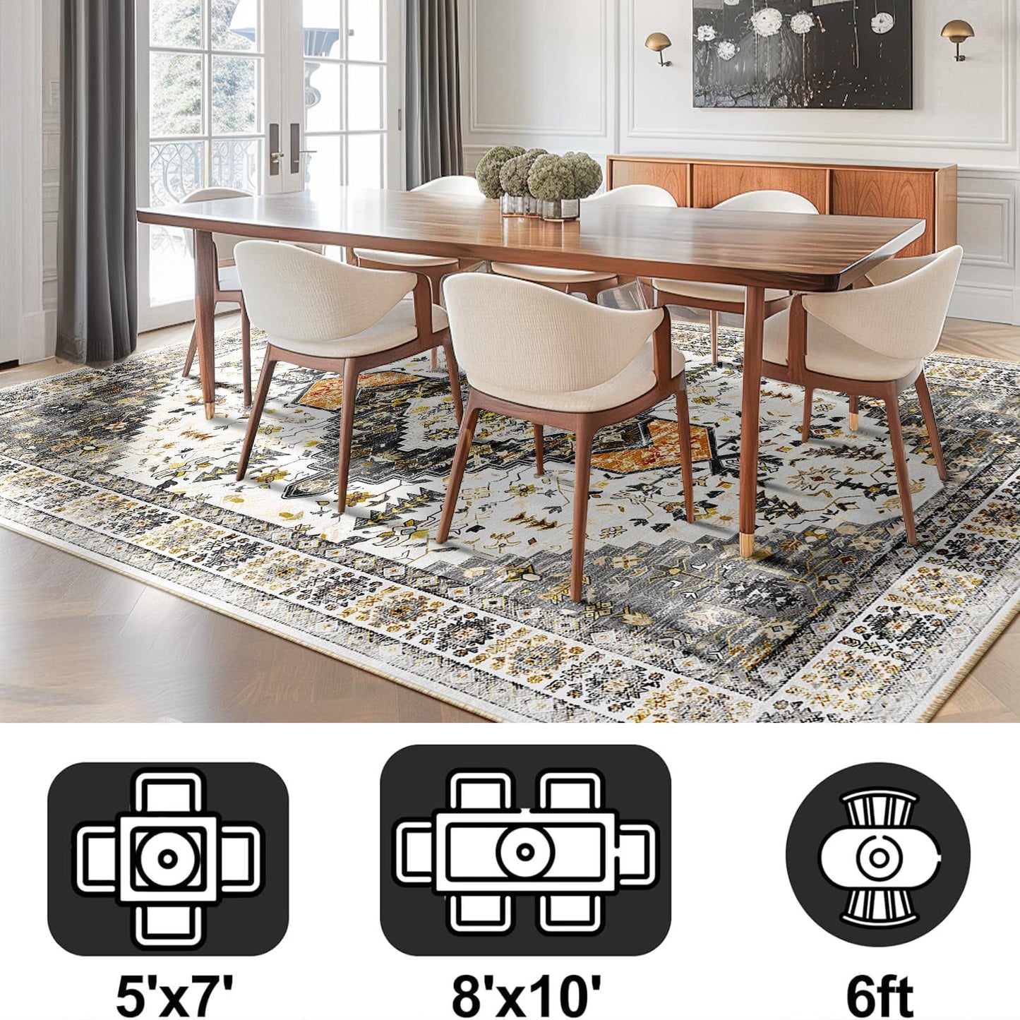 BESTSWEETIE Area Rug 8x10 Rugs for Living Room 8 x 10 Washable Rugs Non Slip Vintage Boho Living Room Rugs for Bedroom Dining Room, Distressed Pattern Carpet, Grey Brown Neutral