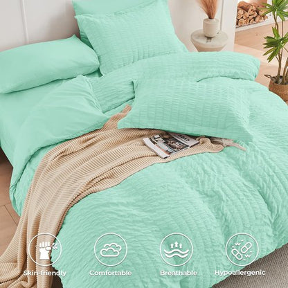 HYMOKEGE Mint Green Twin XL Comforter Set Seersucker 5 Pieces, All Season Luxury Bed in a Bag for Bedroom, Bedding Set with Comforter, Sheets, Pillowcase & Sham