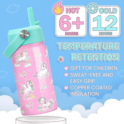 Skiennix Unicorn Water Bottle - 12 Oz Insulated Stainless Steel with Straw Lid | Perfect for Kids