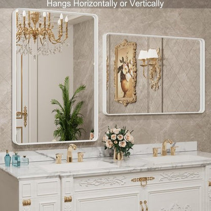 LOAAO White Metal Framed Bathroom Mirror - Large 40x32 Inch Rounded Rectangle, Anti-Rust Tempered Glass, Versatile Hanging Options