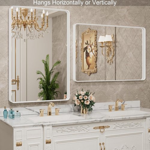 LOAAO White Metal Framed Bathroom Mirror - Large 24x36 Inch Rounded Rectangle | Anti-Rust, Versatile Hanging Options