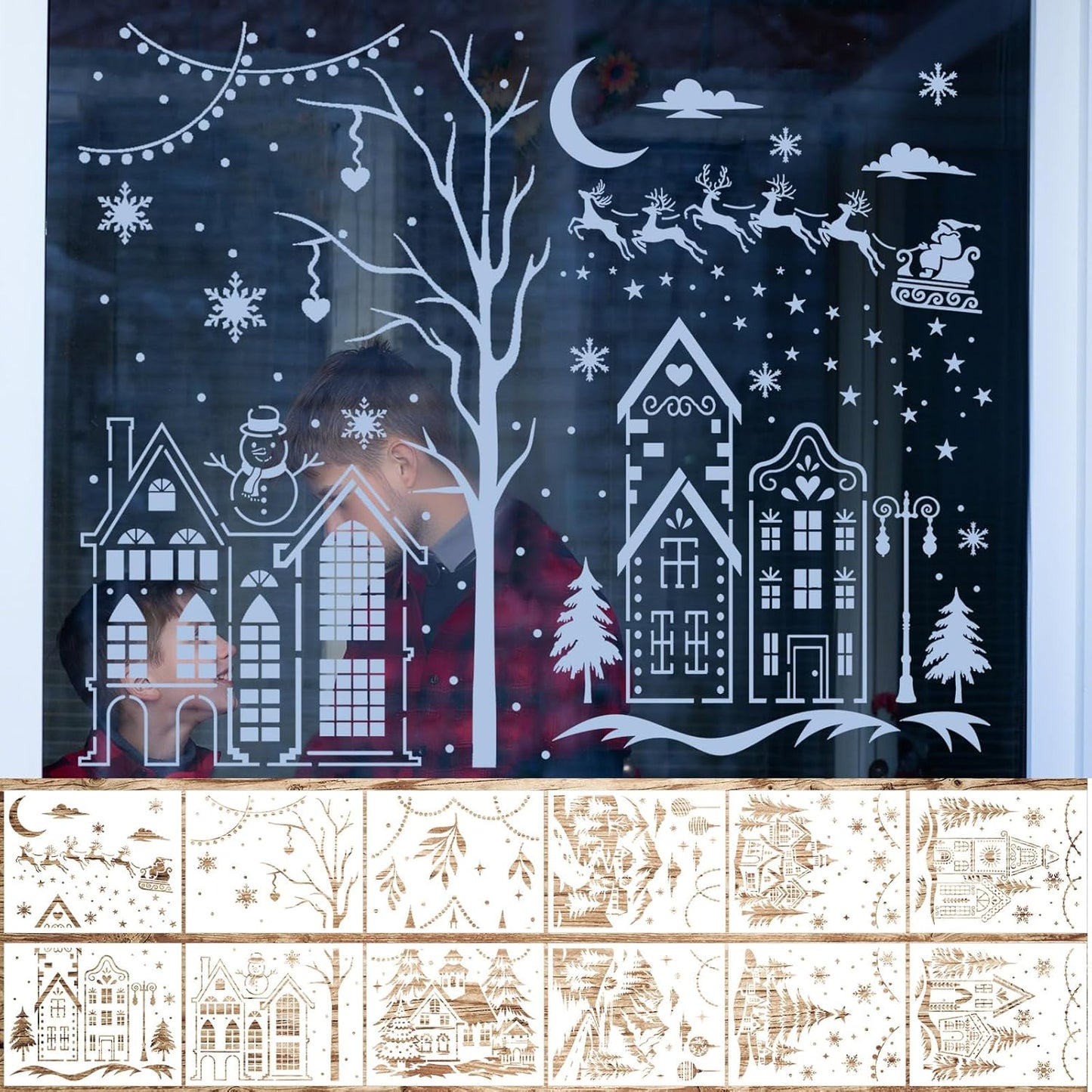 Skiennix 12 Pcs Christmas Stencils - Large 13.78 x 11 Inch Reusable Holiday Templates for DIY Window Decor