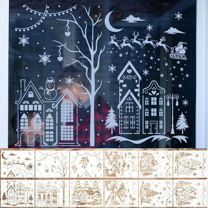 Skiennix 12 Pcs Christmas Stencils - Large 13.78 x 11 Inch Reusable Holiday Templates for DIY Window Decor