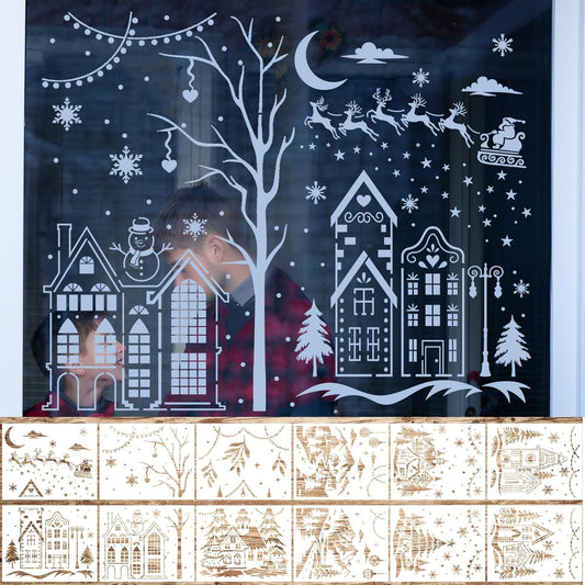 Skiennix 12 Pcs Christmas Stencils - Large 13.78 x 11 Inch Reusable Holiday Templates for DIY Window Decor