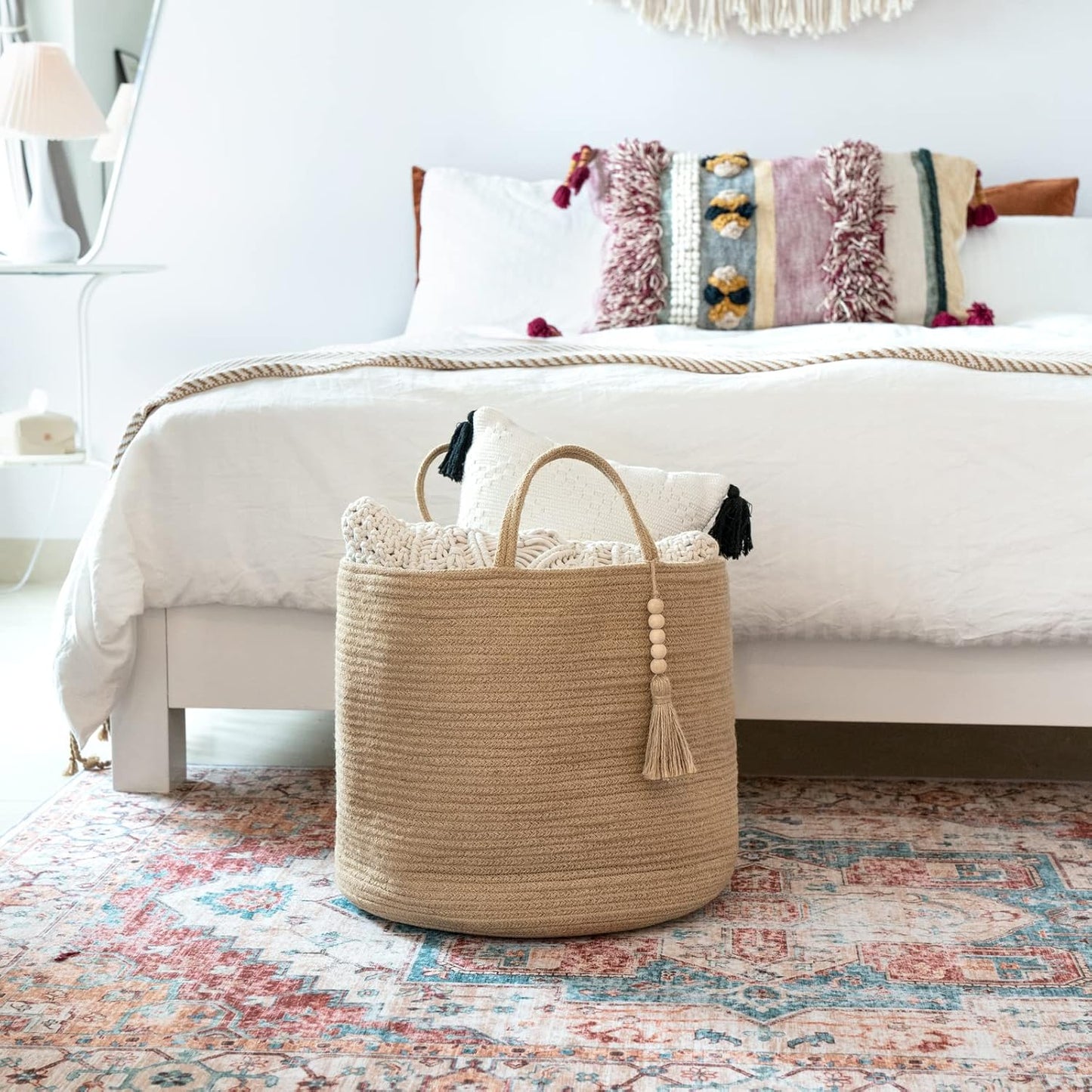 Mkono Woven Storage Basket - Decorative Natural Rope Organizer Bin with Wooden Bead Accents | 16" W × 13.8" L