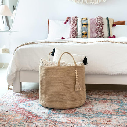 Mkono Woven Storage Basket - Decorative Natural Rope Organizer Bin with Wooden Bead Accents | 16" W × 13.8" L