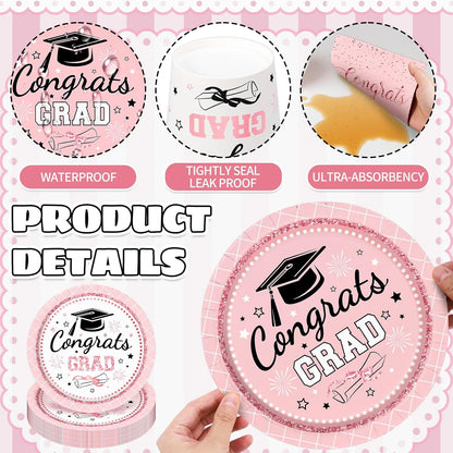 Whaline Graduation Party Supplies Set - 175 Pcs Pink Disposable Plates, Napkins, Cups & Cutlery for 25 Guests