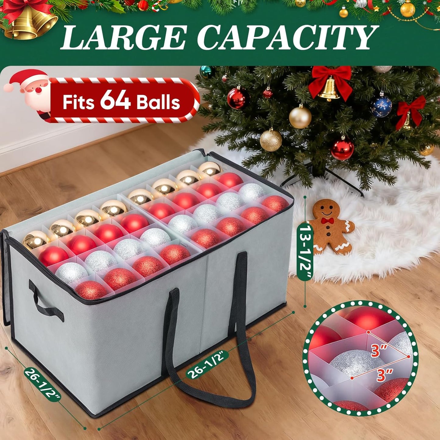 BALEINE Christmas Ornament Storage Box - Premium Holiday Container with Dividers for 128 Balls | Black Soft Design