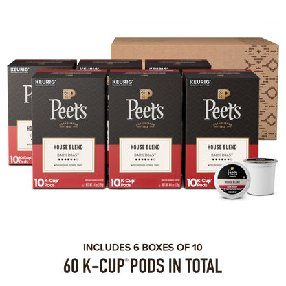 Peet's Coffee, Dark Roast Keurig K-Cup Pods, 100% Arabica Coffee - House Blend 60 Count (6 Boxes of 10 K-Cup Pods)