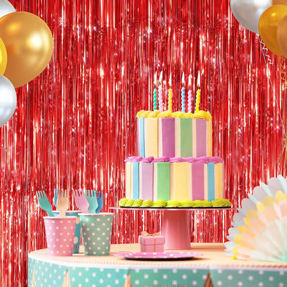 Red Metallic Tinsel Foil Fringe Curtains by [Brand Name] - 2 Pack Photo Booth Backdrop for Parties & Events