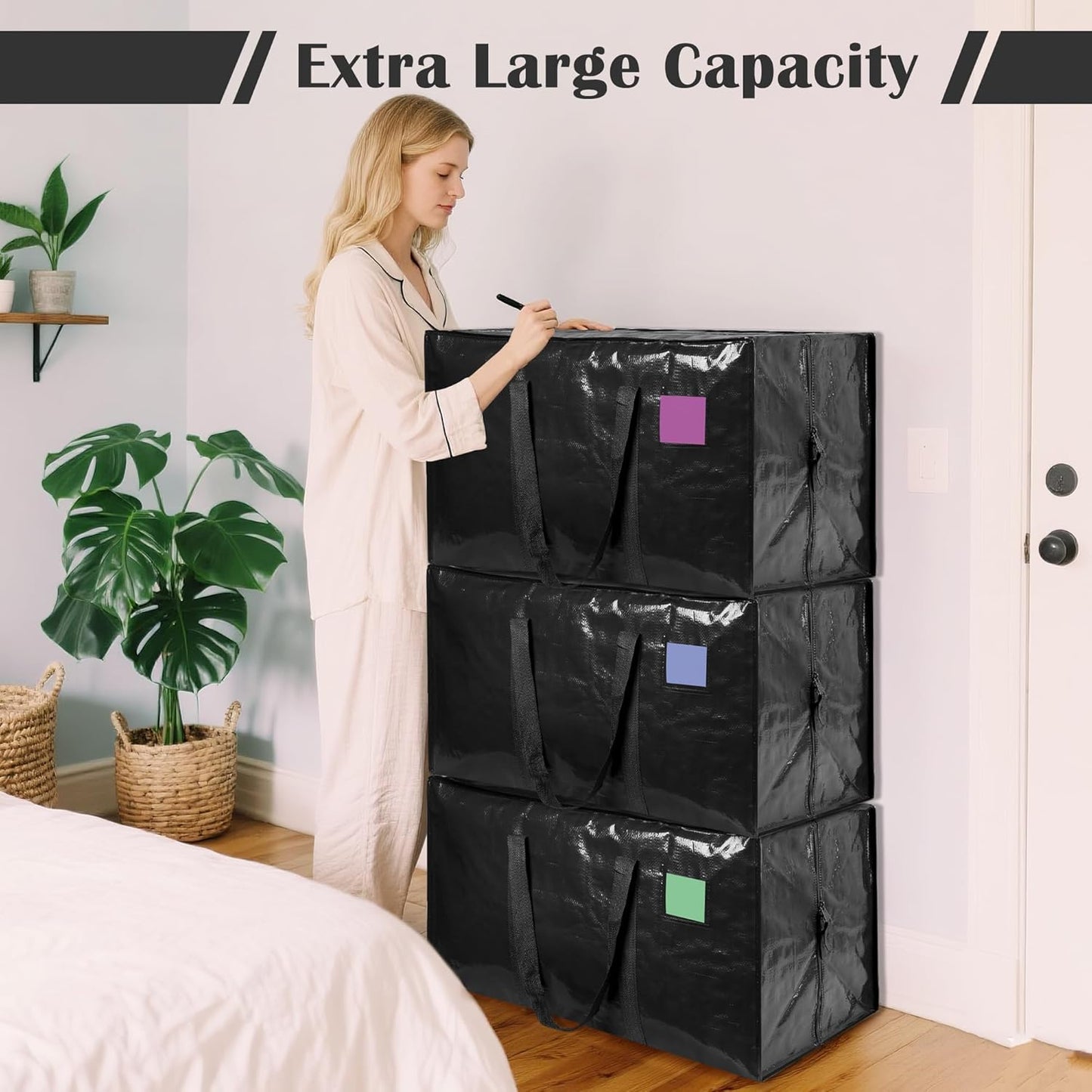 Skiennix 6 Pack Extra Large Moving Bags - Heavy Duty, Moisture-Resistant Storage Bins for Clothes | Black