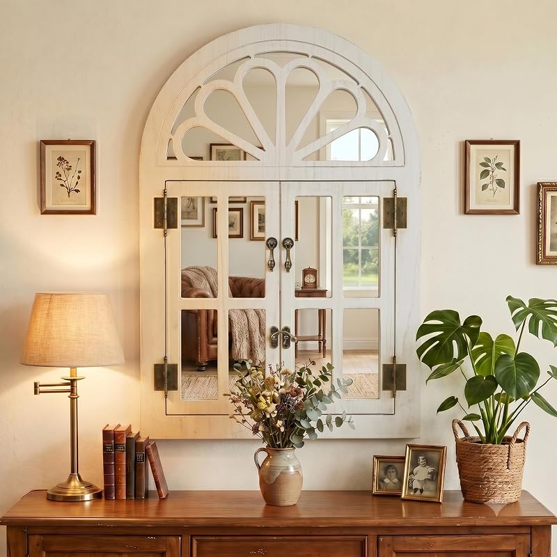 Arched Window Mirror with Petal Top - Farmhouse Wall Decor, 24" x 36" White