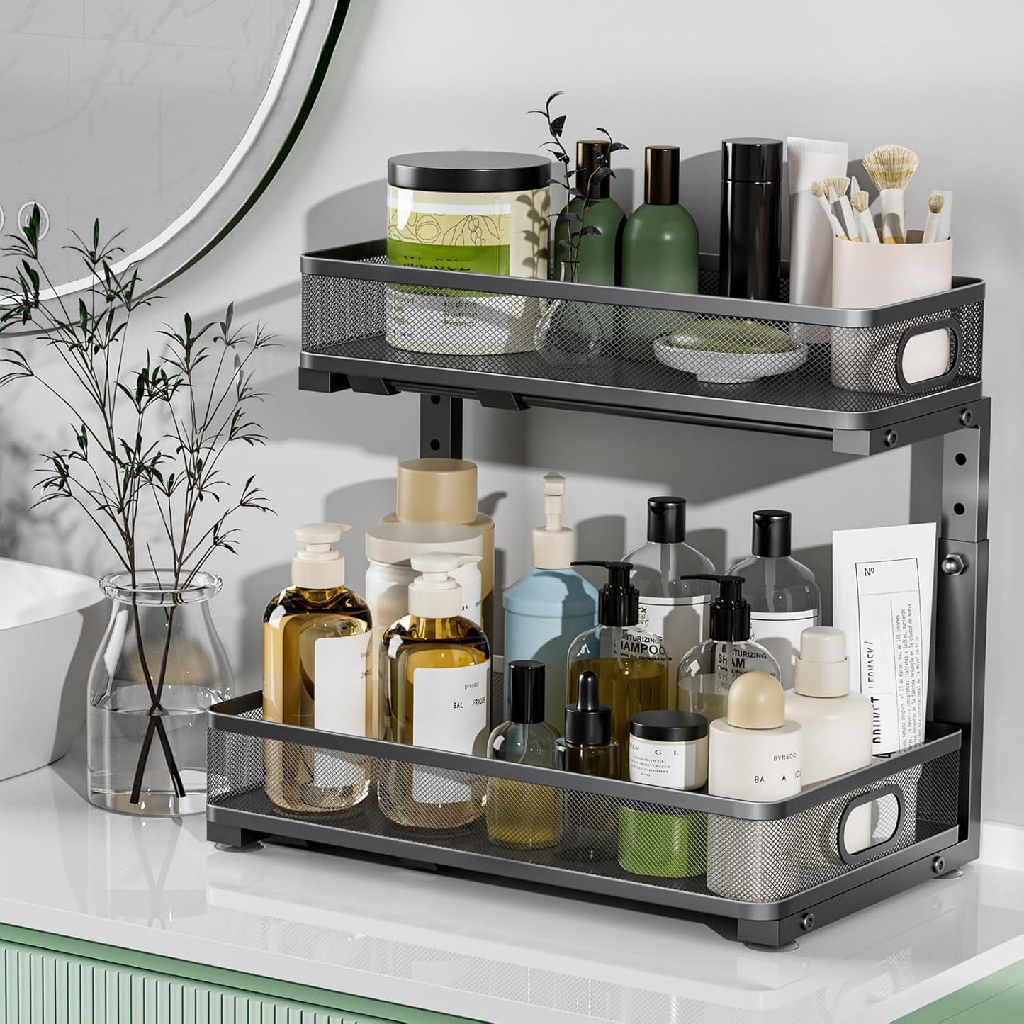 Under Sink Organizer - Adjustable 2-Tier Metal Storage Solution | Pull-Out Drawer for Kitchen & Bathroom (Black)