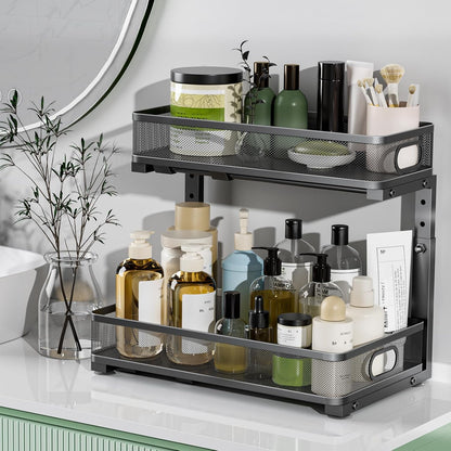 Under Sink Organizer - Adjustable 2-Tier Metal Storage Solution | Pull-Out Drawer for Kitchen & Bathroom (Black)