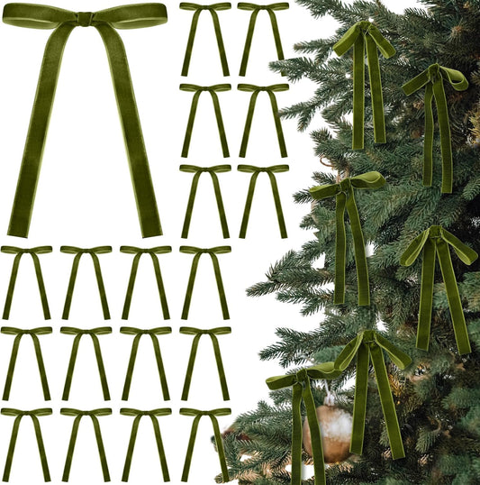 Regine Switzerland Velvet Bows - 24 Pcs Moss Green Christmas Tree Ornaments | Perfect for Home Decor & Weddings (5 x 7 Inch, 5/8 Inch Width)