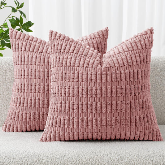 MIULEE Corduroy Throw Pillow Covers - Soft Boho Striped Design | 18x18 Inch Blush Pink Decor for Sofa & Bed