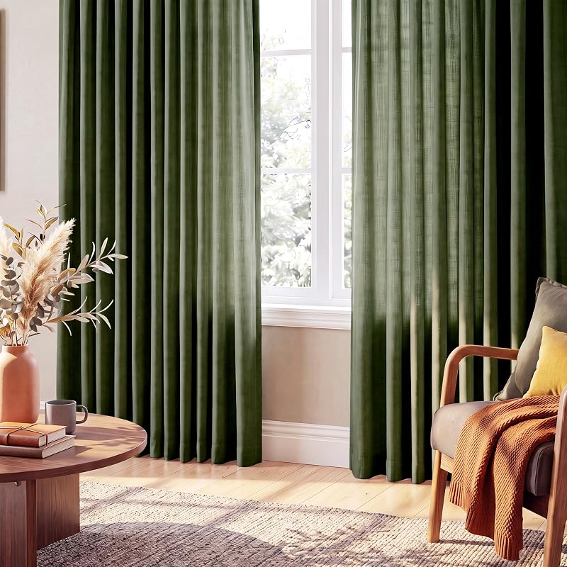 Olive Green Linen Curtains 84 Inch - 2 Panels, Privacy & Light Filtering