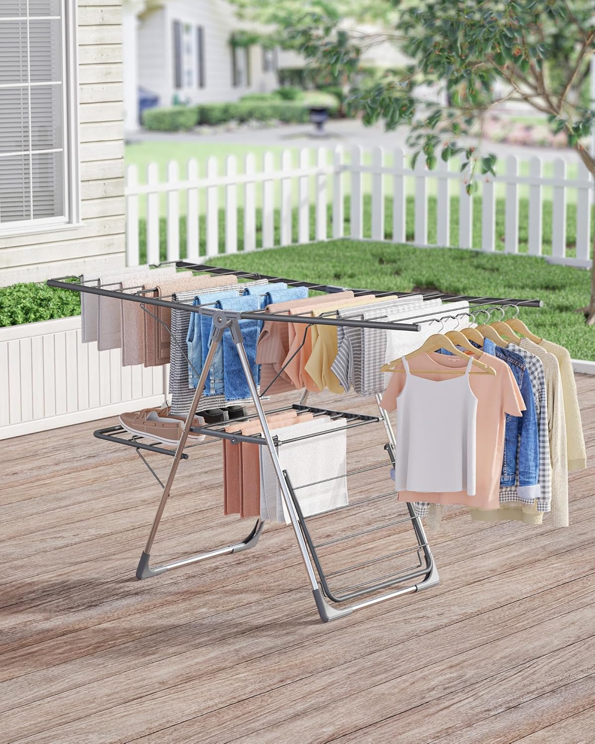 Sakugi Clothes Drying Rack - Foldable 2-Level Design with Height-Adjustable Wings | Space-Saving Indoor & Outdoor Use, Gray 55.5" L × 22.8" W