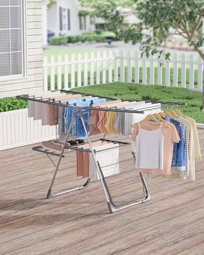 Sakugi Clothes Drying Rack - Foldable 2-Level Design with Height-Adjustable Wings | Space-Saving Indoor & Outdoor Use, Gray 55.5" L × 22.8" W