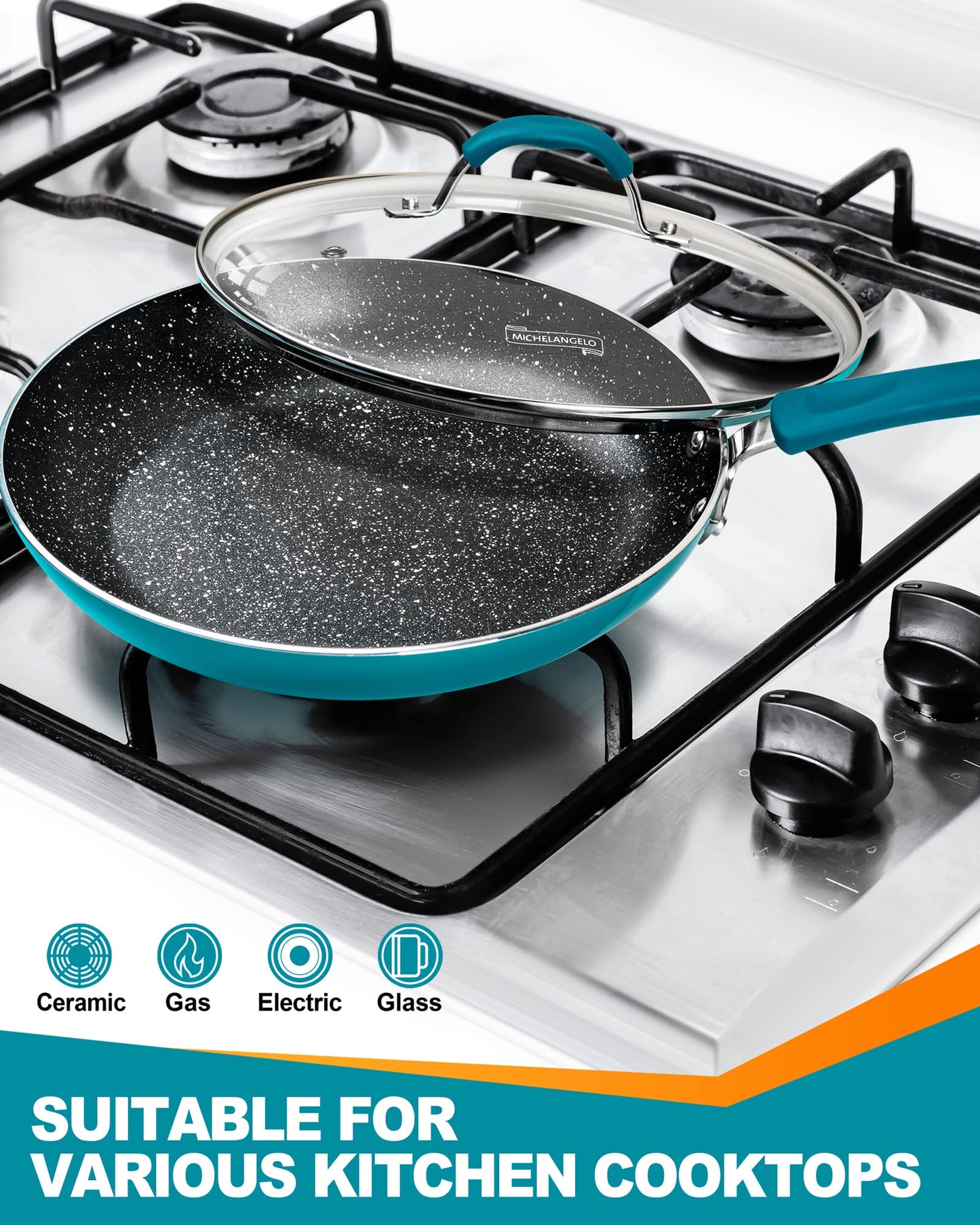 MICHELANGELO Nonstick Frying Pan with Lid, Enameled 10 Inch Frying Pan Non Stick Fry Pan with Silicone Handle, Non-Toxic Skillet with Granite Interior, Cyan