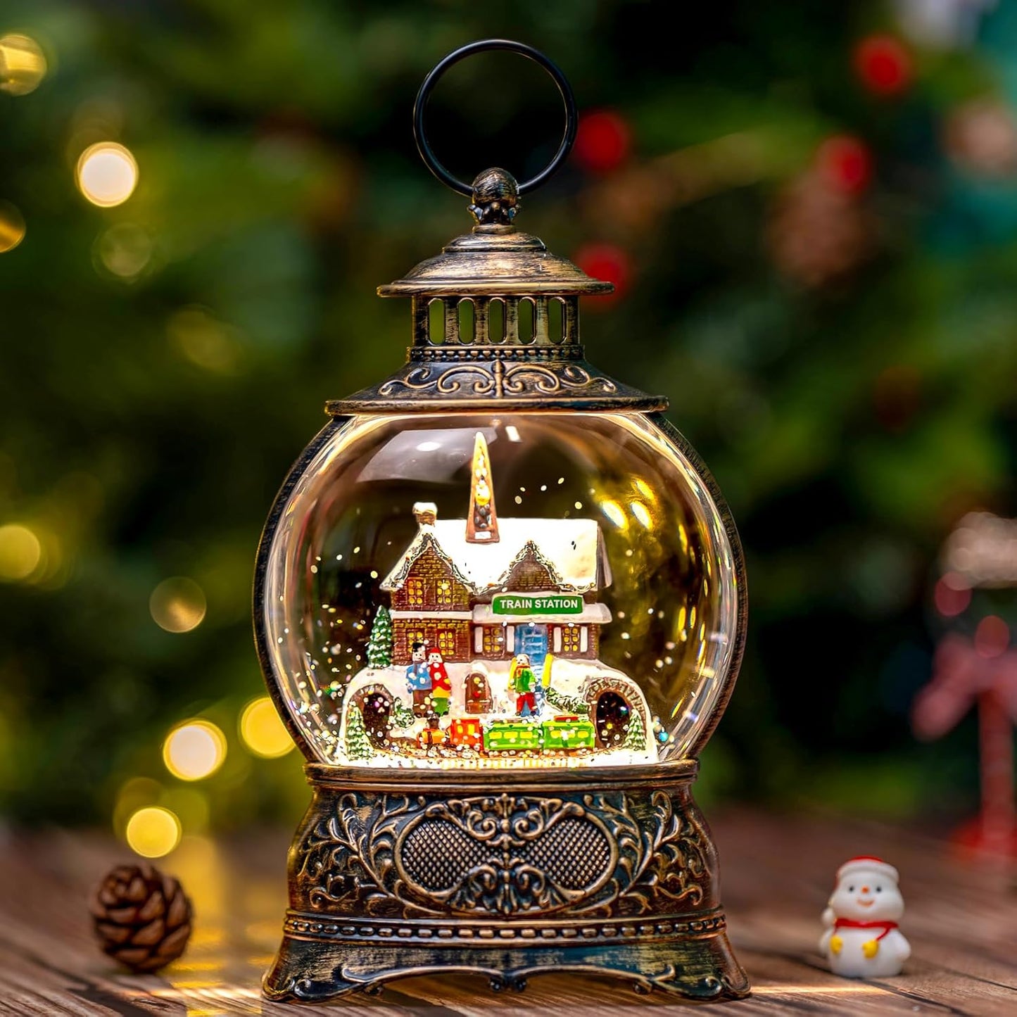 Regine Switzerland Christmas Snow Globe - Musical Water Lantern with 6-Hour Timer & USB/Battery Operated | Festive Holiday Decor