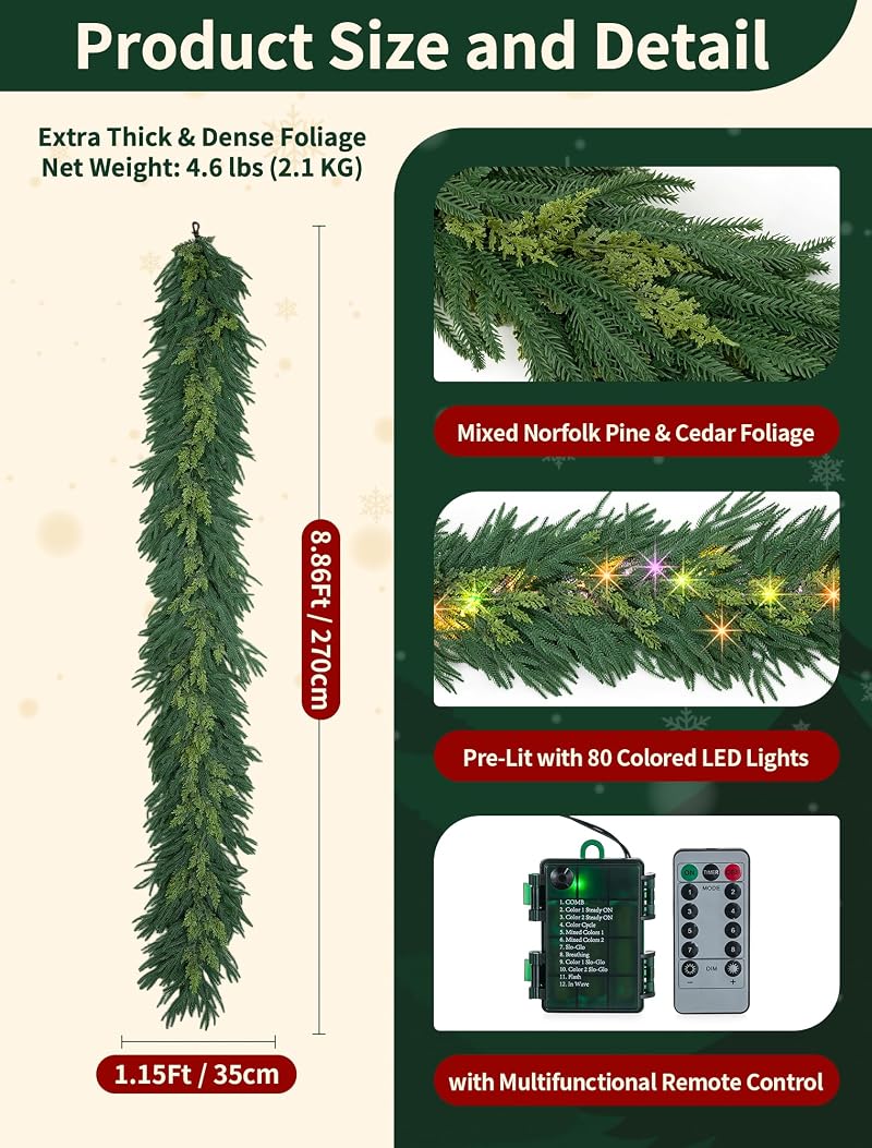 9 Ft Norfolk Pine Garland with 80 LED Lights - Prelit Artificial Greenery, Multi-Function Remote