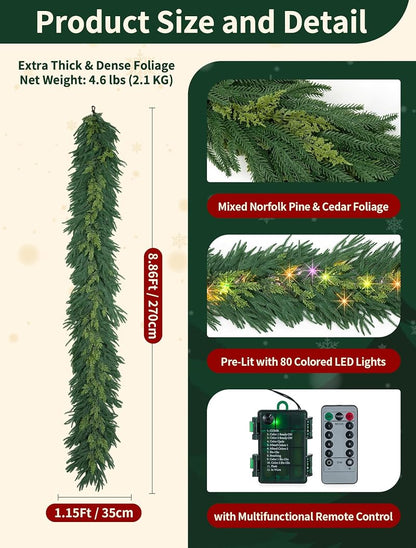 9 Ft Norfolk Pine Garland with 80 LED Lights - Prelit Artificial Greenery, Multi-Function Remote